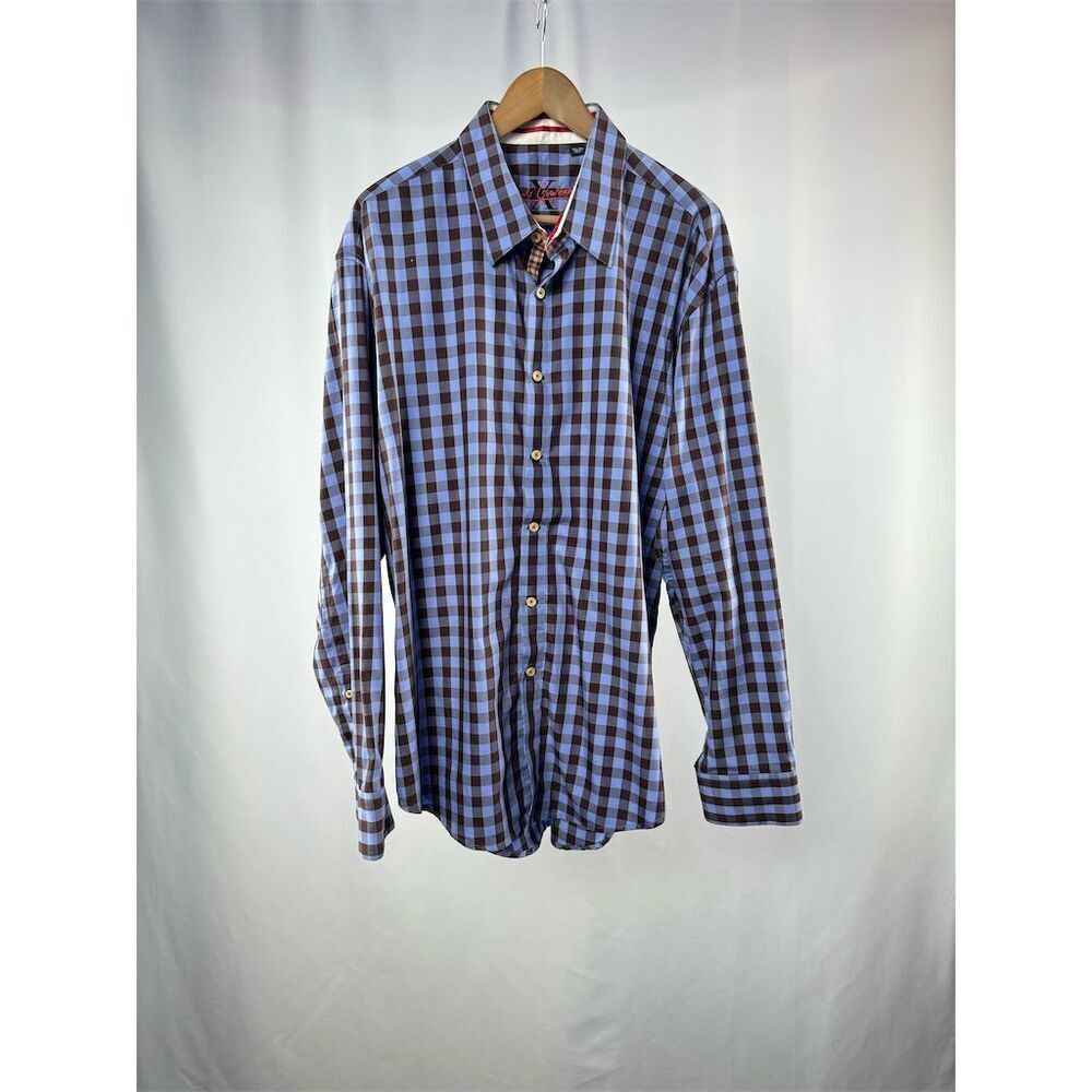 Robert Graham X Checkered Long Sleeve Button-Down Shirt‎ in Blue Brown Size 2XL